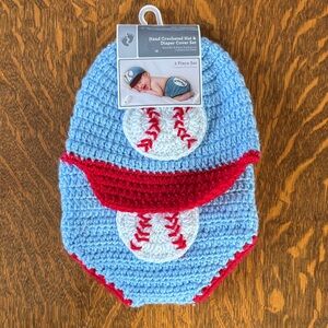 Crocheted Baseball Hat & Diaper Cover Set - Blue and Red